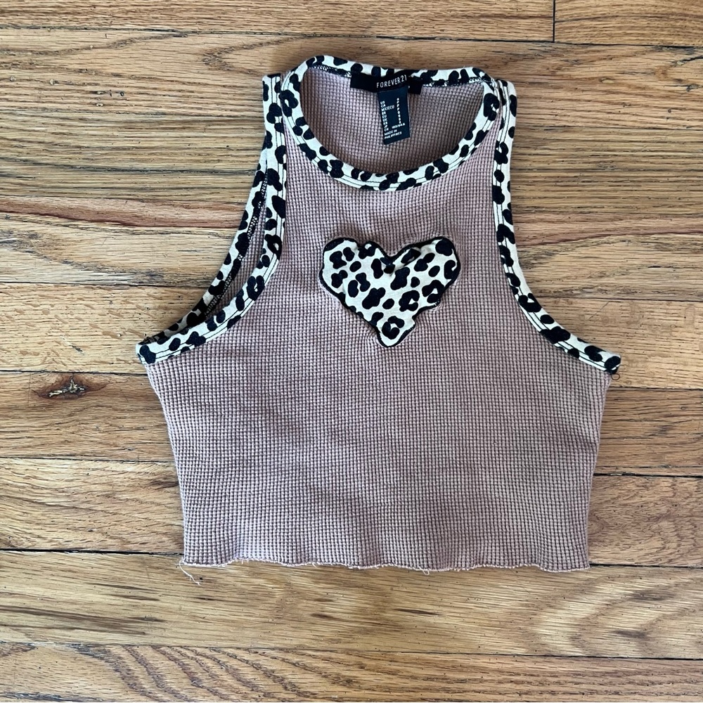 FOREVER 21 Y2K CHEETAH HEART WAFFLE TEXTURE CROP TOP